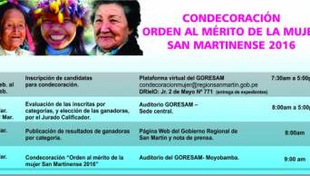 San Mart&iacute;n: Ampl&iacute;an plazo de inscripci&oacute;n para condecoraci&oacute;n "Orden al M&eacute;rito de la Mujer Sanmartinense 2016"