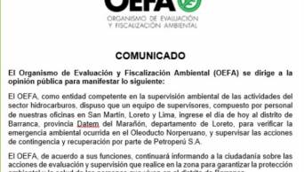 OEFA supervisa acciones ante el derrame de petr&oacute;leo en el Oleoducto Norperuano