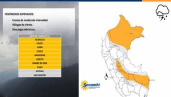 Lluvias moderadas y r&aacute;fagas de viento prev&eacute;n desde este mediod&iacute;a en 8 regiones
